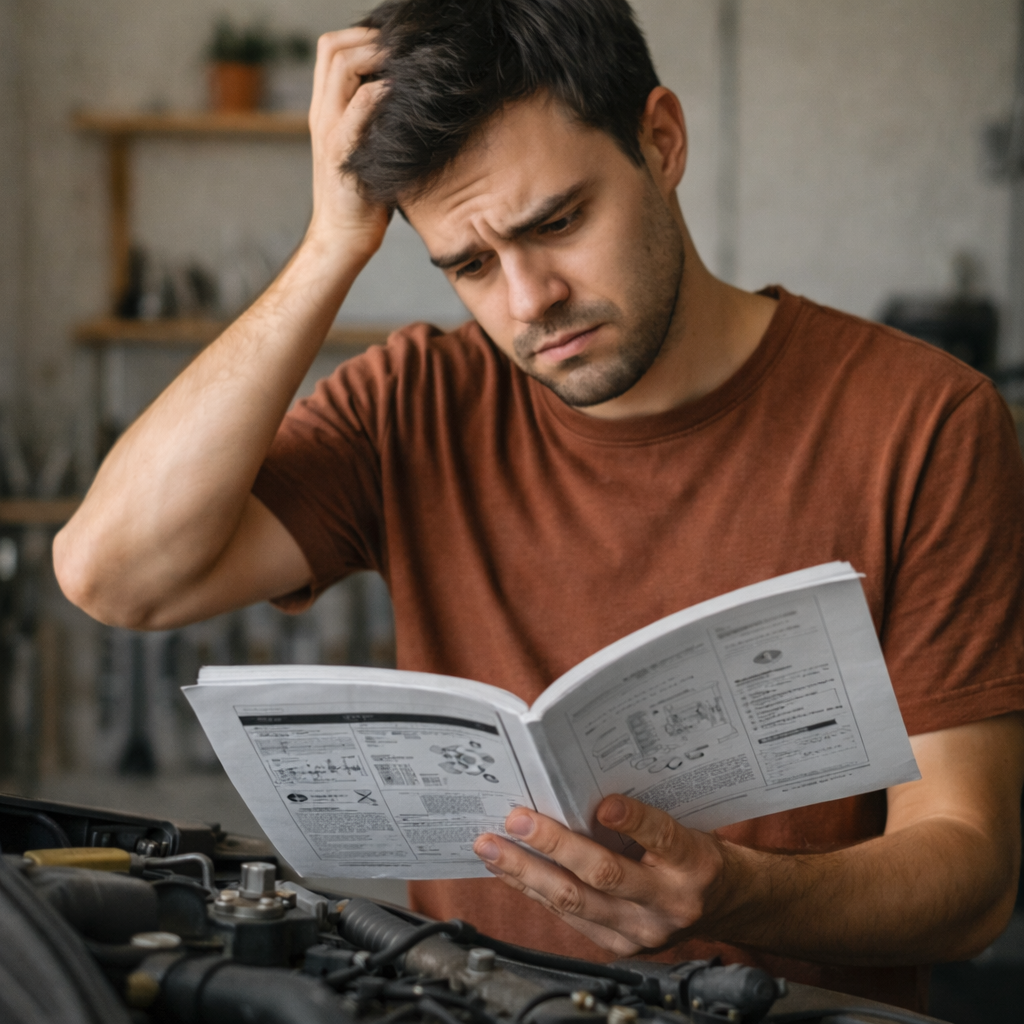 Pessoa confusa estudando manual técnico